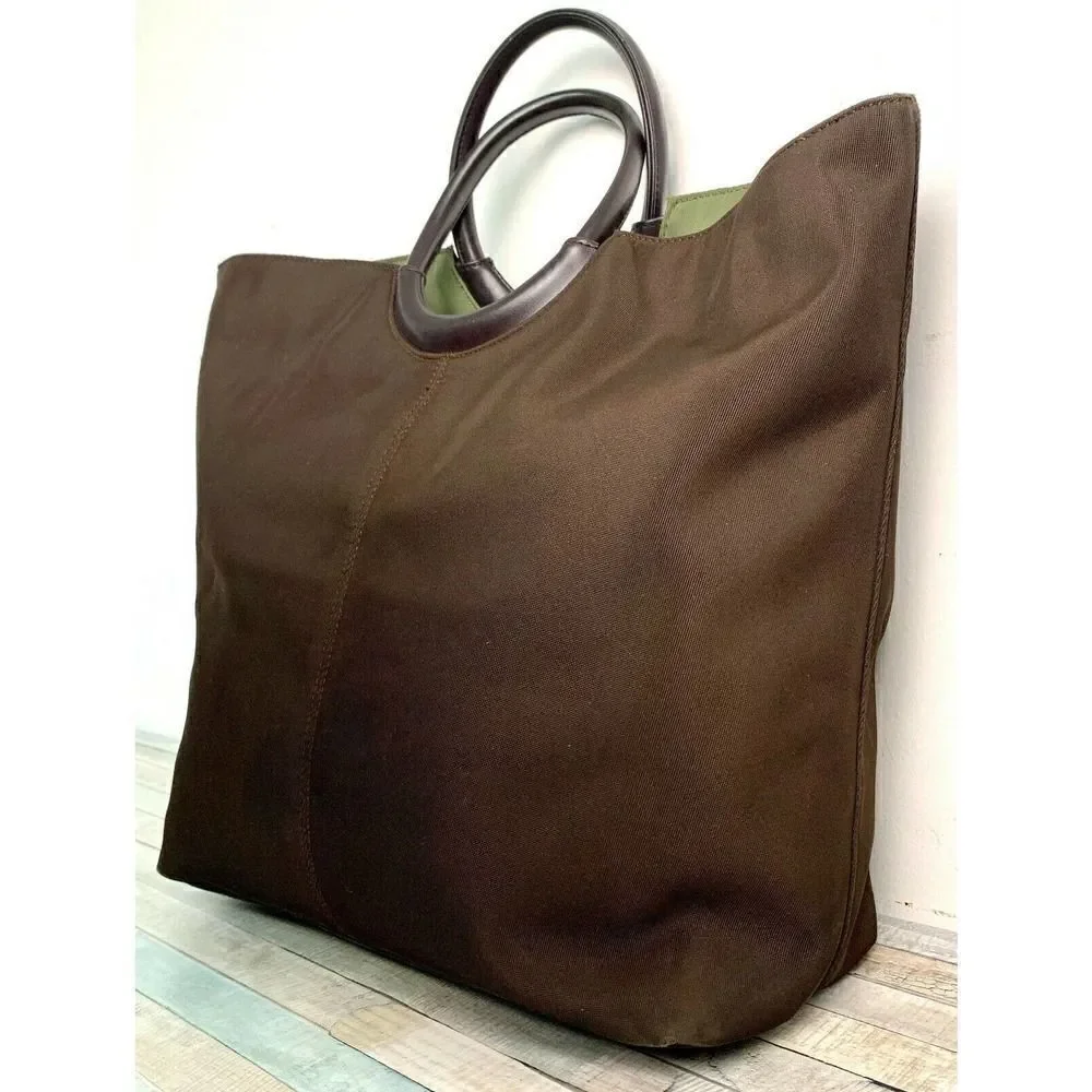 LARGE Charter Club BROWN NYLON CANVAS GENUINE LEATHER HANDLES TOTE HANDBAG PURSE